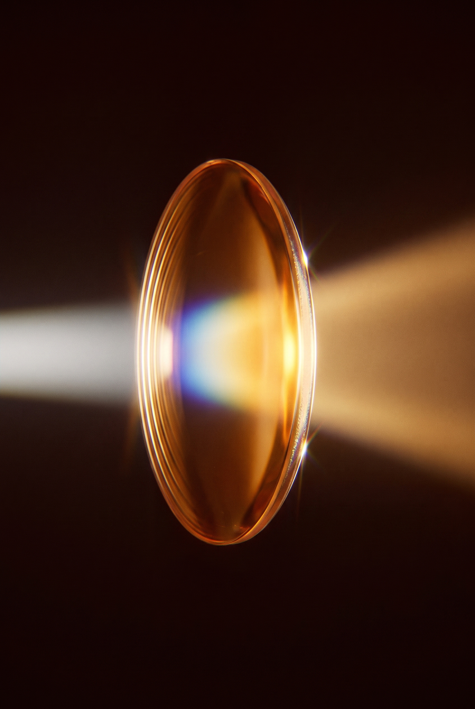 A beam of white light entering the amber lens; blue is absorbed, warm light passes through